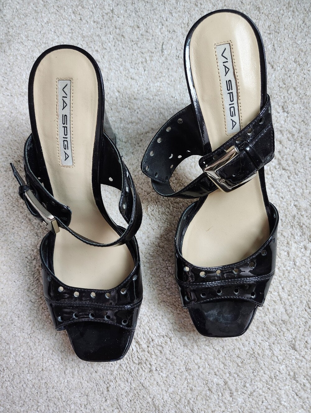 Via Spiga Black Patent Buckle Heeled Sandals New No Tag